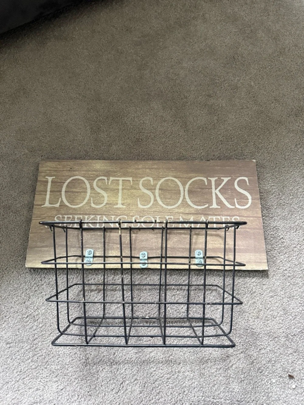 Lost Socks 'Seeking Sole Mates' Rustic Wood Sign with Metal Basket